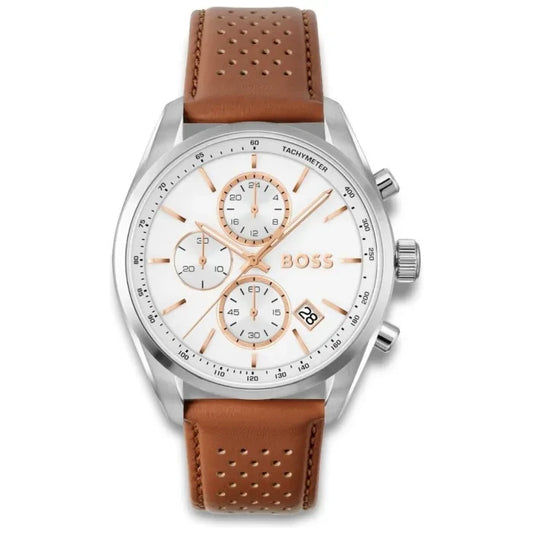 Herrenarmbanduhr BOSS Grand Prix: weißes Zifferblatt, Chronograph mit Tachymeter, braunes perforiertes Lederband