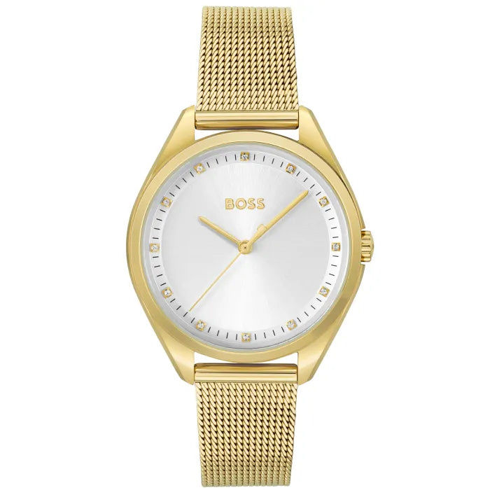 BOSS Saya 1502669 Damen Armbanduhr Goldfarben • Milanaise-Netzarmband • Zirkonia-Zifferblatt