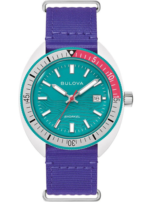 Bulova Herrenarmbanduhr mit türkisfarbenem Zifferblatt und violettem Stoffarmband
