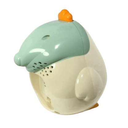 Kinderwecker mit Pinguin-Design, hellgrüne Oberseite und beiges Gehäuse in Seitenansicht