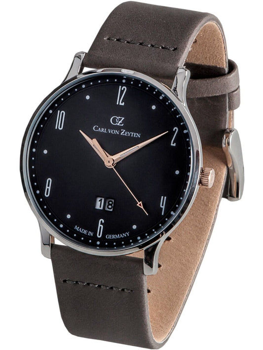 Herrenarmbanduhr mit braunem Lederband, schwarzem Zifferblatt und Datumsanzeige