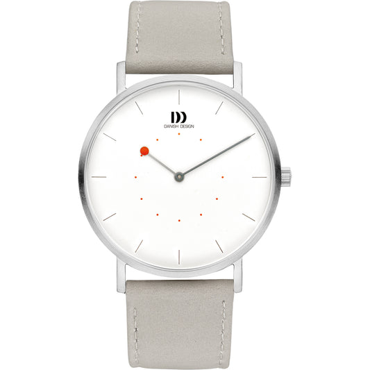 Herrenarmbanduhr Danish Design mit rundem Gehäuse, weißem Zifferblatt und grauem Lederband