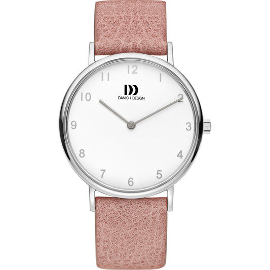 Danish Design Damenuhr mit rundem weißem Zifferblatt, silbernem Gehäuse und rosa Lederband