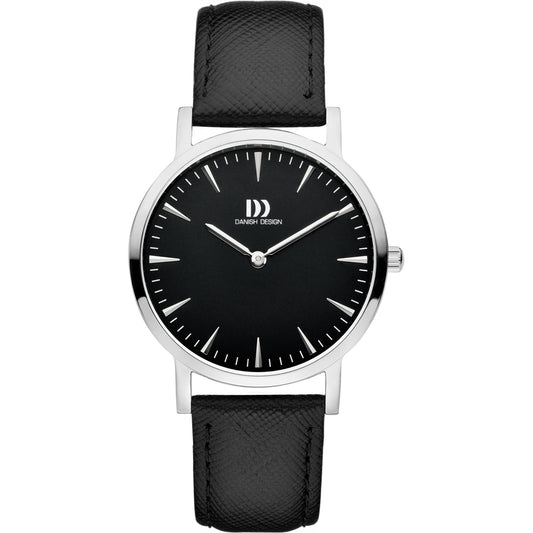 Danish Design Damenarmbanduhr mit rundem Edelstahlgehäuse, schwarzem Zifferblatt und Lederband