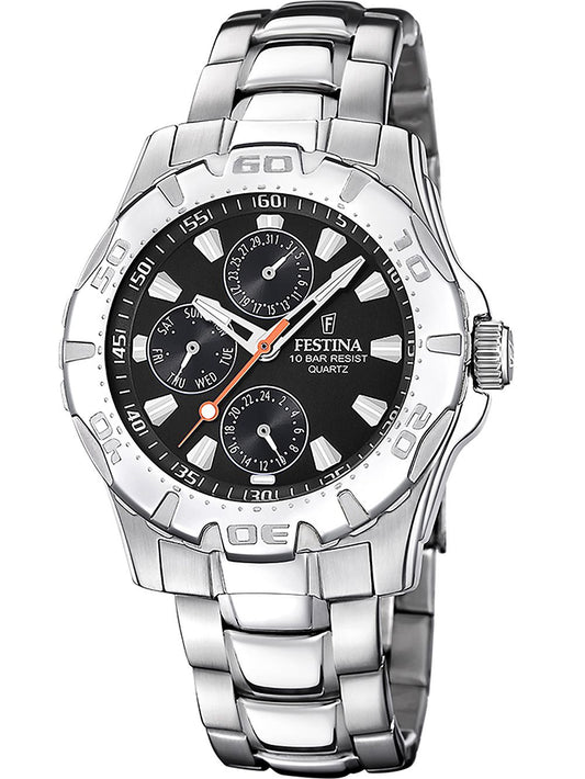 Festina Sport F16242/L Herrenuhr • Schwarzes Zifferblatt mit Datum & Tag • Edelstahlarmband