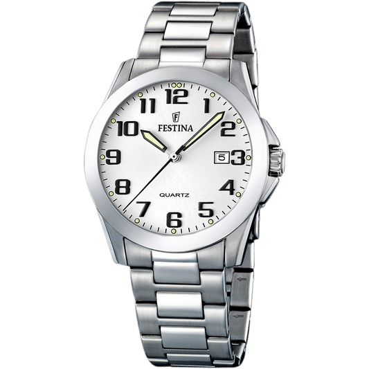 Herrenuhr mit weißem Zifferblatt und Edelstahlarmband, Mineralglas, Quarz