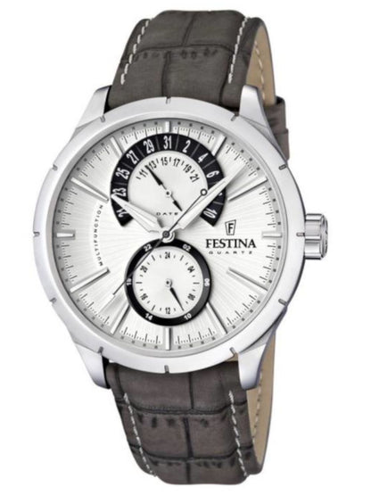 Festina Retro F16573/2 Herrenuhr Silber • Multifunktion 24h-Anzeige • Graues Lederarmband