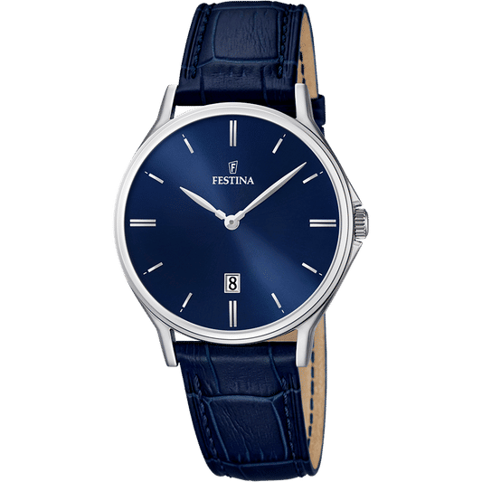 Festina Herrenuhr mit blauem Lederarmband, rundem Gehäuse und dunkelblauem Zifferblatt