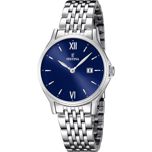 Festina Damenuhr mit blauem Zifferblatt und Edelstahlarmband, römische Zahlen, Mineralglas
