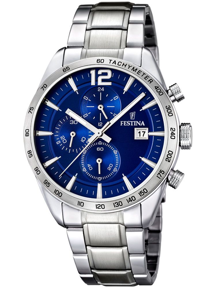 Festina Timeless Chronograph F16759/3 Herrenuhr Silber/Blau • Mineralglas • Edelstahlarmband