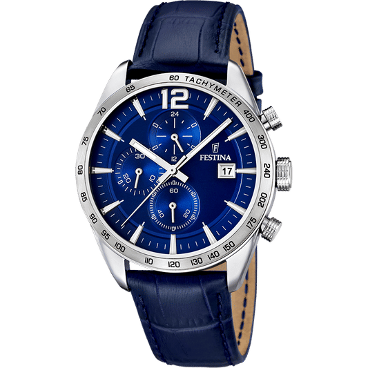 Festina Herrenuhr mit Chronograph, blauem Zifferblatt und blauem Lederarmband