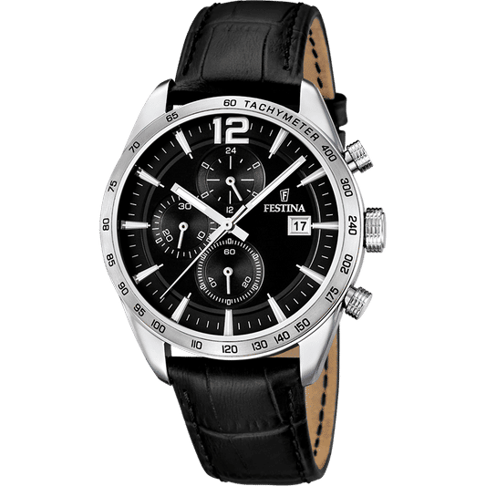 Festina Chronograph Herrenuhr mit schwarzem Zifferblatt und schwarzem Lederarmband