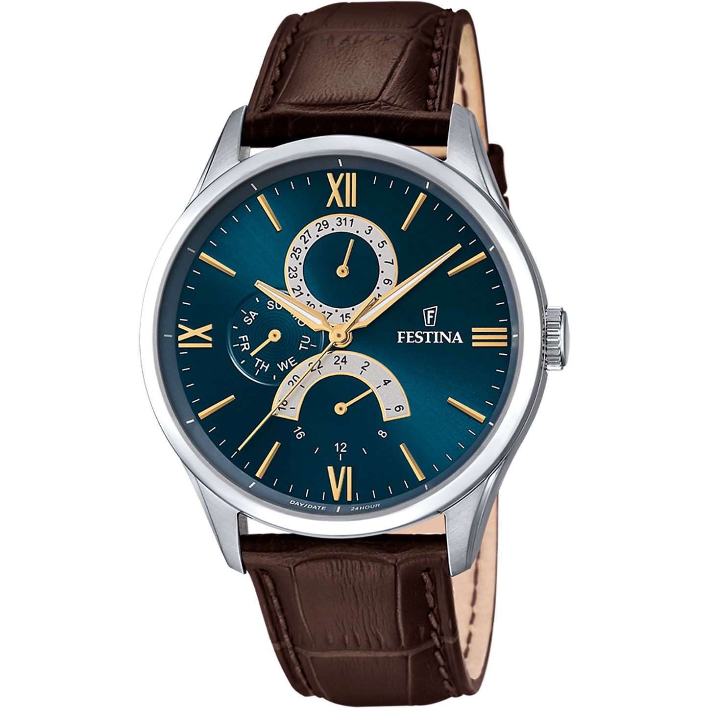 Festina F16823/A Retro Herrenuhr Blau • Blaues Zifferblatt mit Multifunktion • Braunes Lederarmband