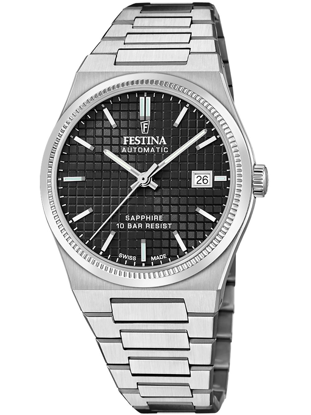 Męski zegarek automatyczny Festina z czarną tarczą, datownikiem i stalową bransoletą