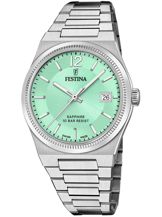 Festina Damenuhr mit mintgrünem Zifferblatt, Edelstahlarmband und Datumsfenster