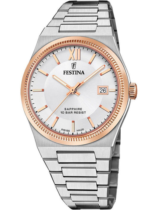Festina Rivé Herrenuhr: silbernes Edelstahlband, weißes Zifferblatt, roségoldene Lünette
