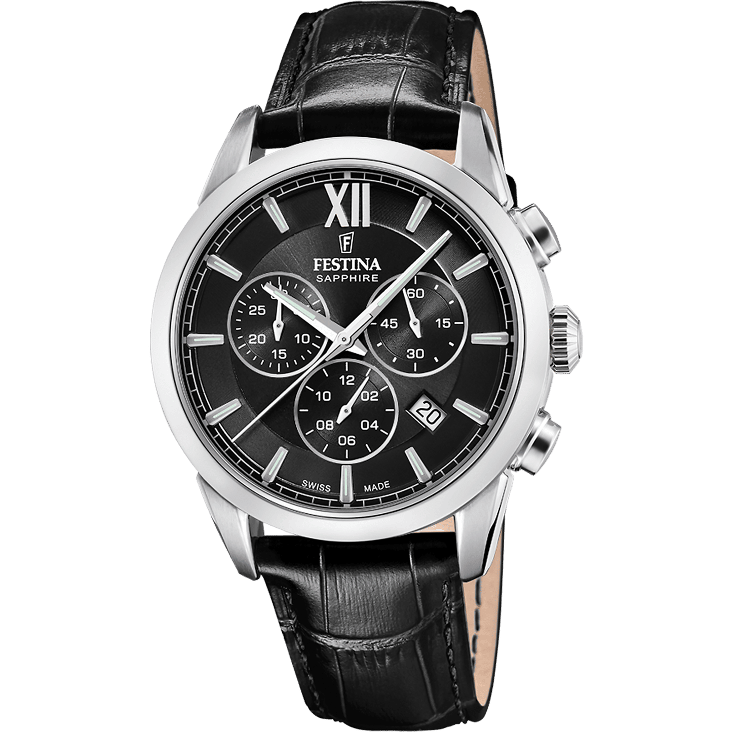 Festina Chrono F20041/4 Herren • Schweizer Herstellung • Schwarzes Lederarmband