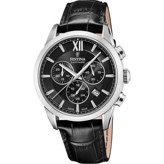 Festina Chrono F20041/4 Herren • Schweizer Herstellung • Schwarzes Lederarmband