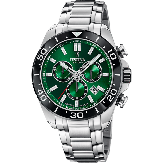 Festina Herren-Chronograph mit Stahlband, schwarzem Zifferblatt und grünen Subdials