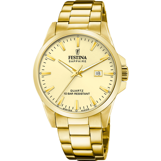 Festina Herrenuhr mit goldfarbenem Edelstahlband, rundem Zifferblatt und Datumsanzeige