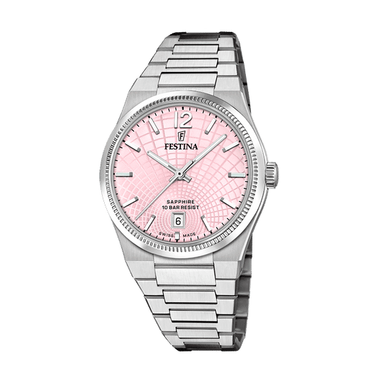Damenarmbanduhr Festina mit Edelstahlband, rosafarbenem Zifferblatt und Saphirglas