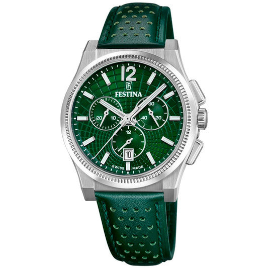 Festina Swiss Made Rivé F20060/3 Herren Chronograph • Grünes Lederarmband • Swiss Made Quarzwerk