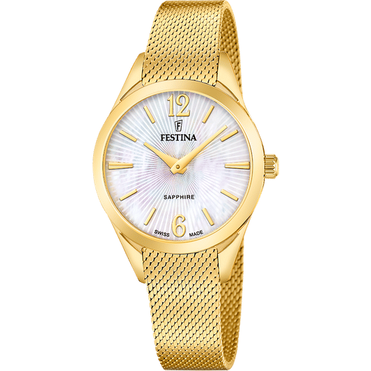 Festina Damenuhr mit goldfarbenem Meshband, rundem Gehäuse und perlmuttweißem Zifferblatt