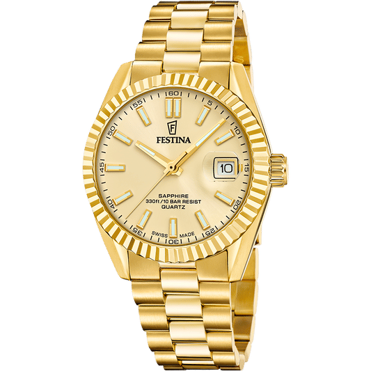 Festina Herrenuhr mit goldfarbenem Edelstahlarmband, Saphirglas und Datumsanzeige
