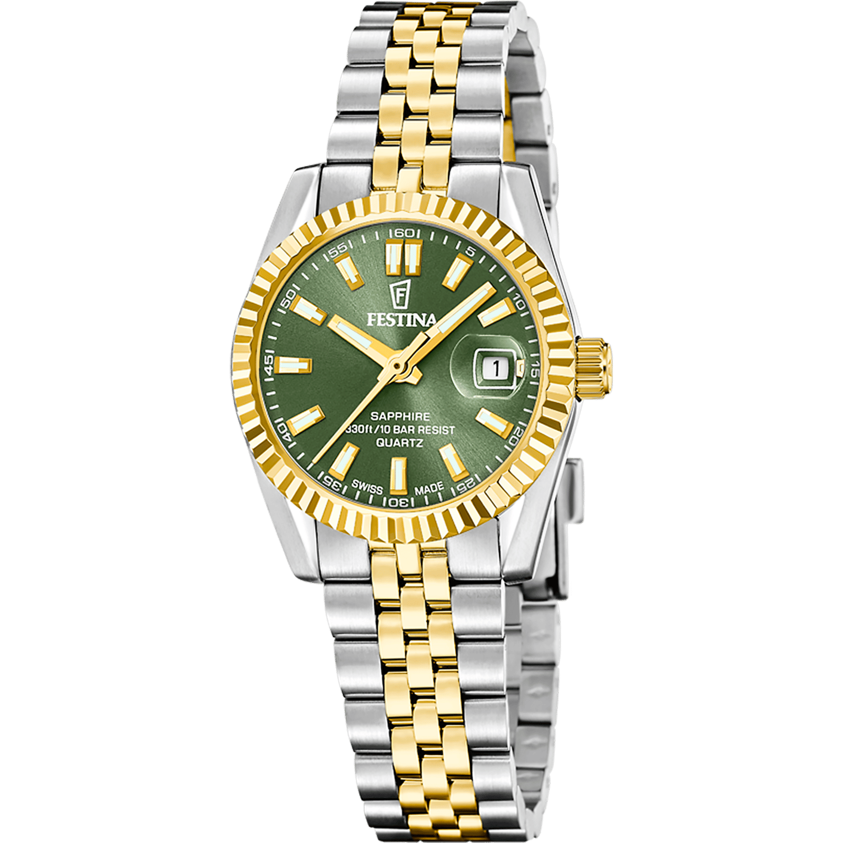 Festina Swiss Made Classic Steel F20088/4 Damenuhr Bicolor/Moosgrün • Saphirglas • Swiss Made