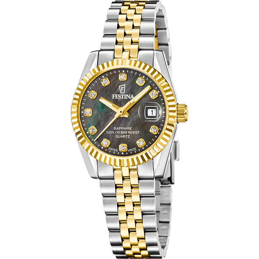 Festina Damenuhr mit zweifarbigem Edelstahlband, schwarzem Zifferblatt und goldfarbener Lünette