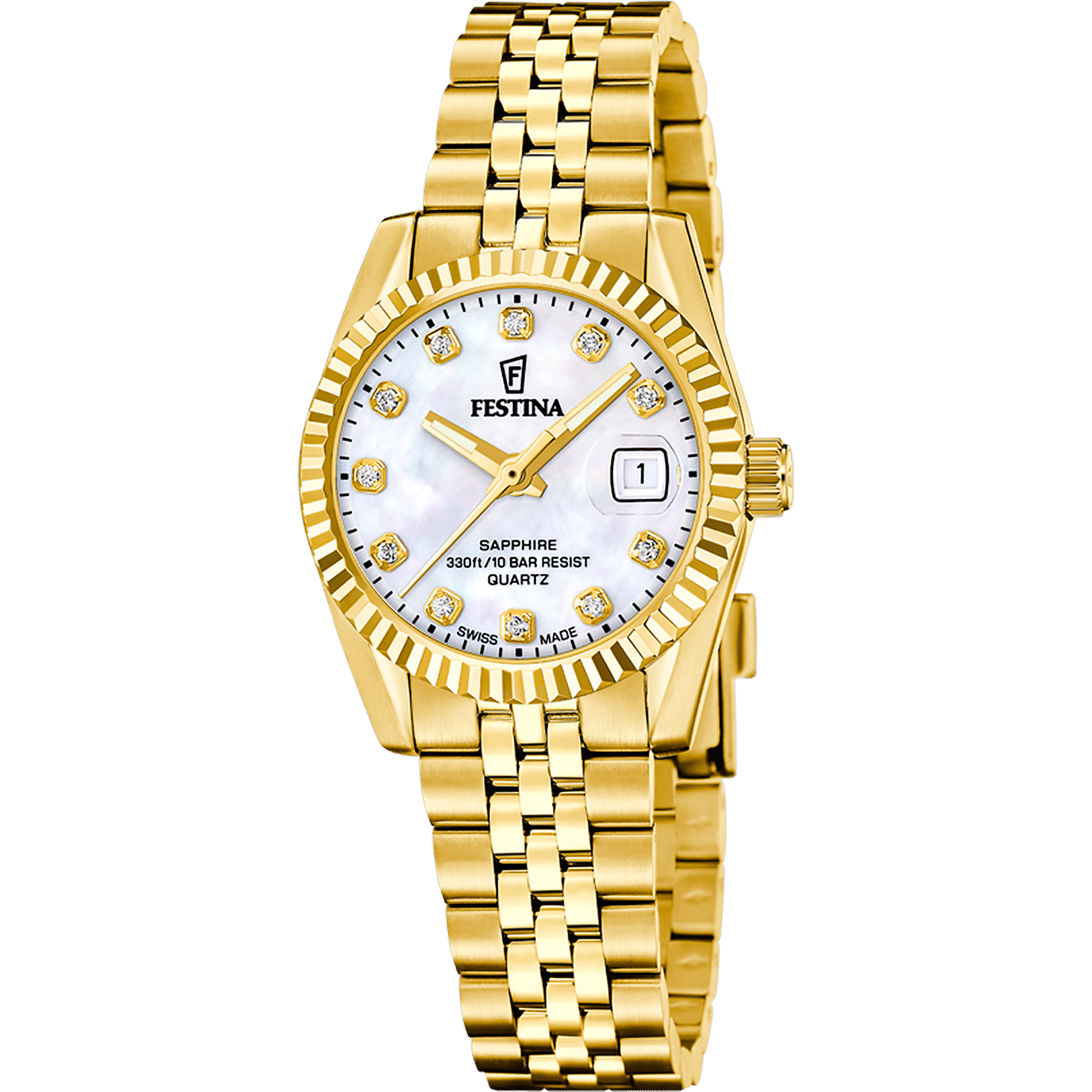 Festina Classic Swiss Made F20089/1 Damenuhr • Saphirglas • Edelstahlarmband Gold