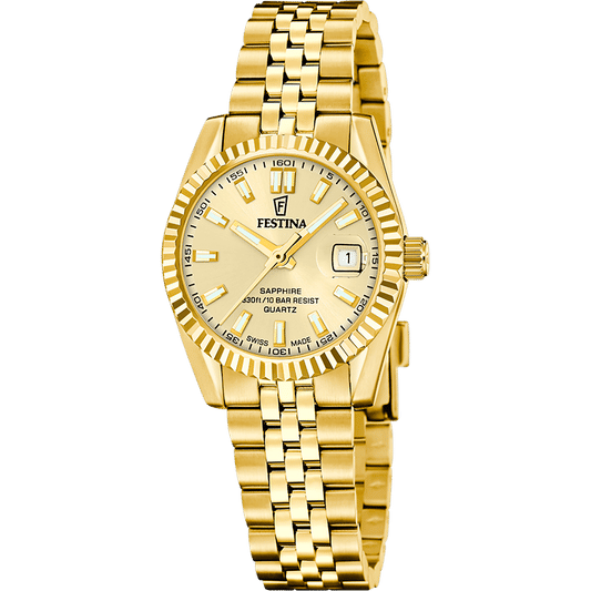 Festina Damenarmbanduhr mit goldfarbenem Metallband, weißem Zifferblatt und Datumsfenster