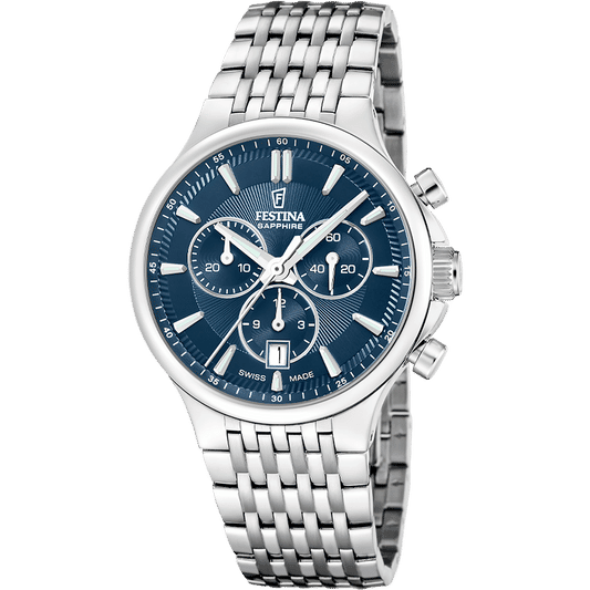 Herren-Chronograph Festina mit Saphirglas, blauem Zifferblatt und Edelstahlarmband.