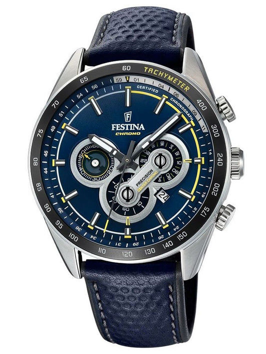 Festina Sportchronograph: Herrenuhr mit blauem Zifferblatt und Lederarmband