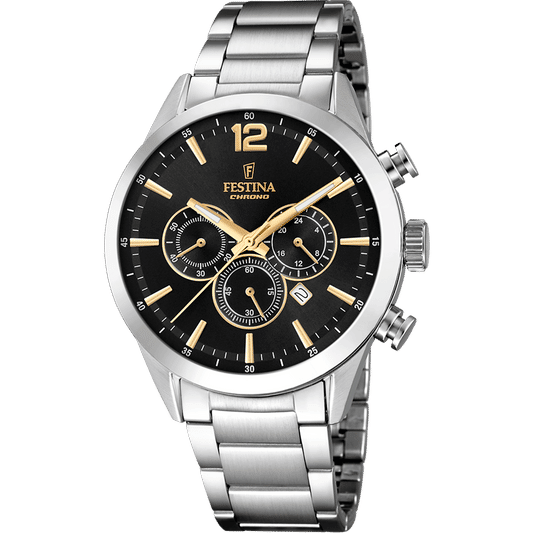 Festina Chronographen-Herrenuhr mit schwarzem Zifferblatt, silbernem Edelstahlband