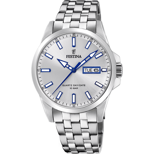Festina Herrenarmbanduhr mit silbernem Metallarmband, blauem Zifferblatt, Datumsanzeige
