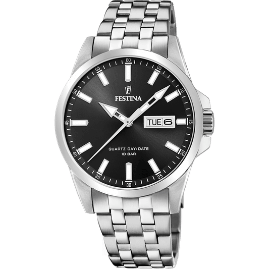 Festina Herrenarmbanduhr mit schwarzem Zifferblatt, Datumsanzeige und Edelstahlarmband