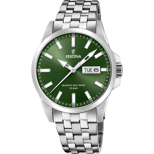 FESTINA Herrenuhr mit grünem Zifferblatt, Datumsanzeige und Edelstahlband