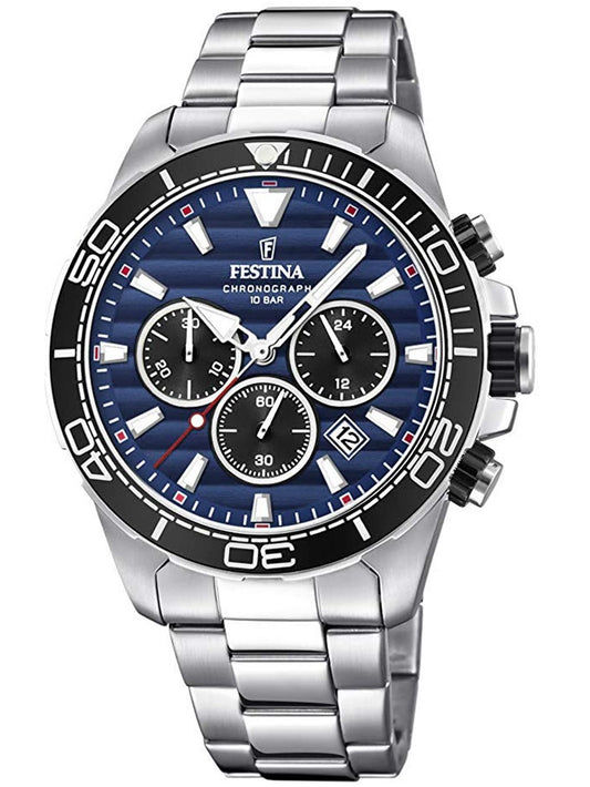 Herren-Chronographuhr Festina mit blauem Zifferblatt, Edelstahlband und schwarzer Lünette