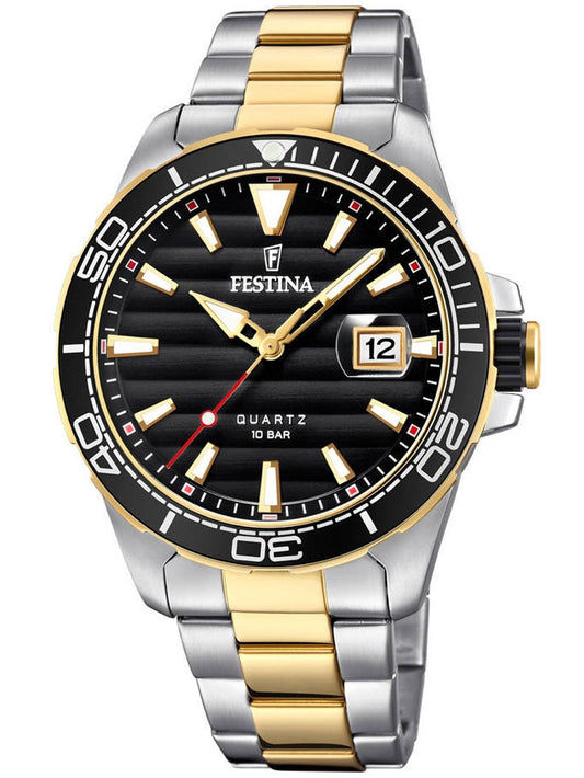 Festina Prestige Herrenuhr Bicolor mit schwarzem Zifferblatt, Quarzantrieb und Metallband