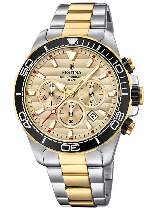Festina Herren-Chronograph mit bicolor Edelstahlband, beiger Zifferblatt, schwarzer Lünette