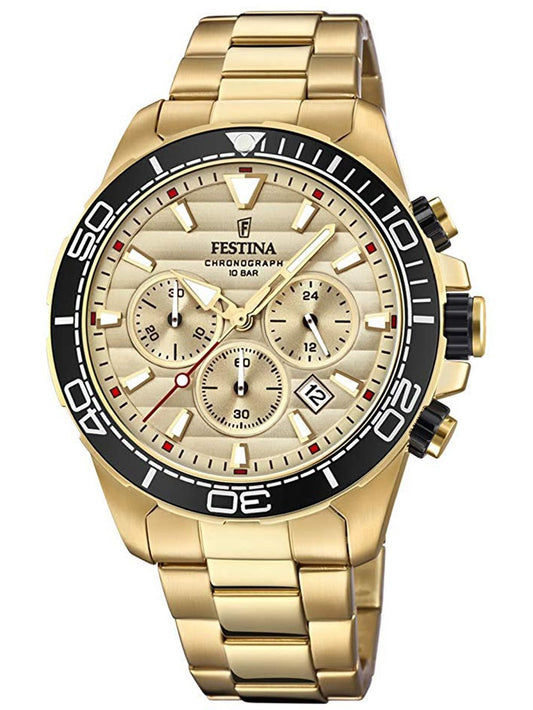 Chronograph Herrenuhr in goldfarbenem Edelstahl mit Mineralglas, schwarzer Lünette