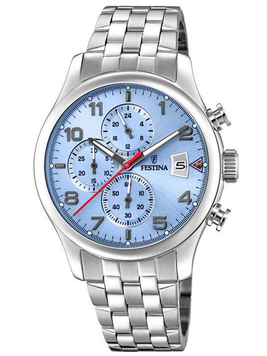 Festina Herrenuhr mit silberfarbenem Metallarmband und blauem Chronographenzifferblatt