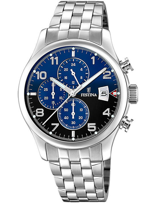Festina Chronograph Herrenuhr mit blau-schwarzem Zifferblatt und Edelstahlarmband