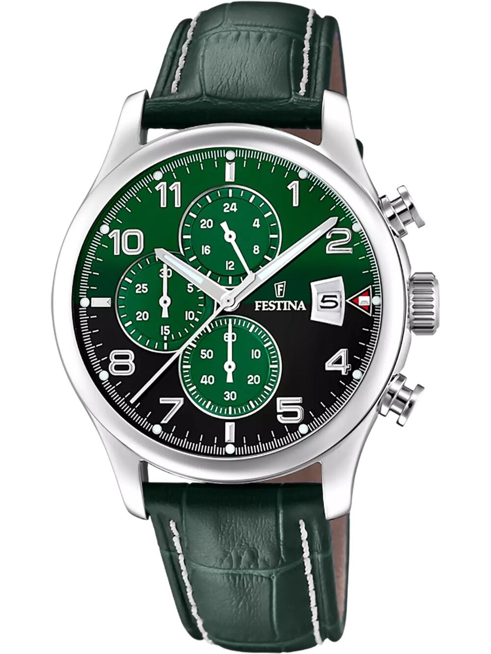 Festina Timeless Chronograph F20375/8 Herren • Grünes Lederarmband • Mineralglas