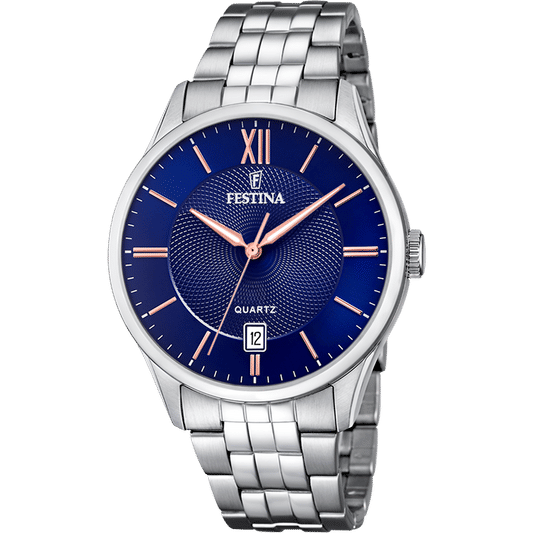 Festina Herrenarmbanduhr mit blauem Zifferblatt, Datumsfenster und Edelstahlarmband
