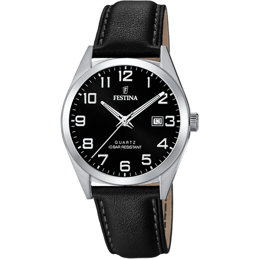 Festina Herrenuhr mit schwarzem Zifferblatt, Datumsanzeige und schwarzem Lederband