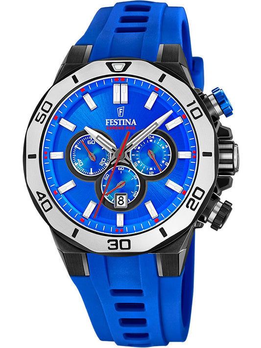 Festina Herren-Chronographenarmbanduhr mit blauem Zifferblatt, schwarzem Gehäuse