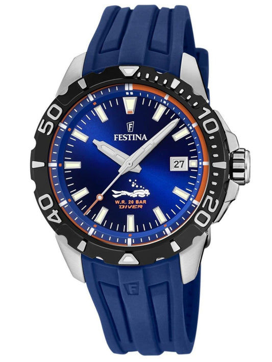 Festina Diver-Herrenuhr mit blauem Zifferblatt, Kautschukarmband und schwarzer Lünette