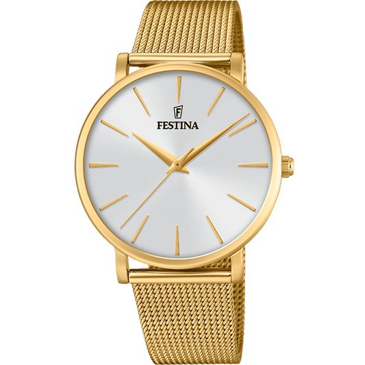 Festina Damenuhr mit rundem weißem Zifferblatt und goldfarbenem Mesh-Armband, Quarzwerk